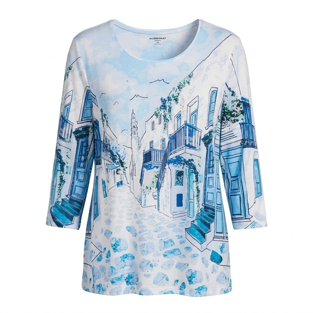 Allison Daley Blue Scenic Print Women’s Scoop Neck Top